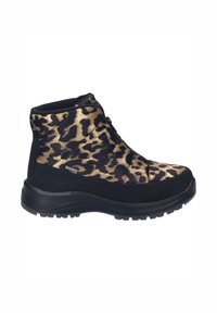 Botines de piel de leopardo con acentos negros, con un exterior suave, suela de goma duradera y cierre de cremallera para un fácil uso.