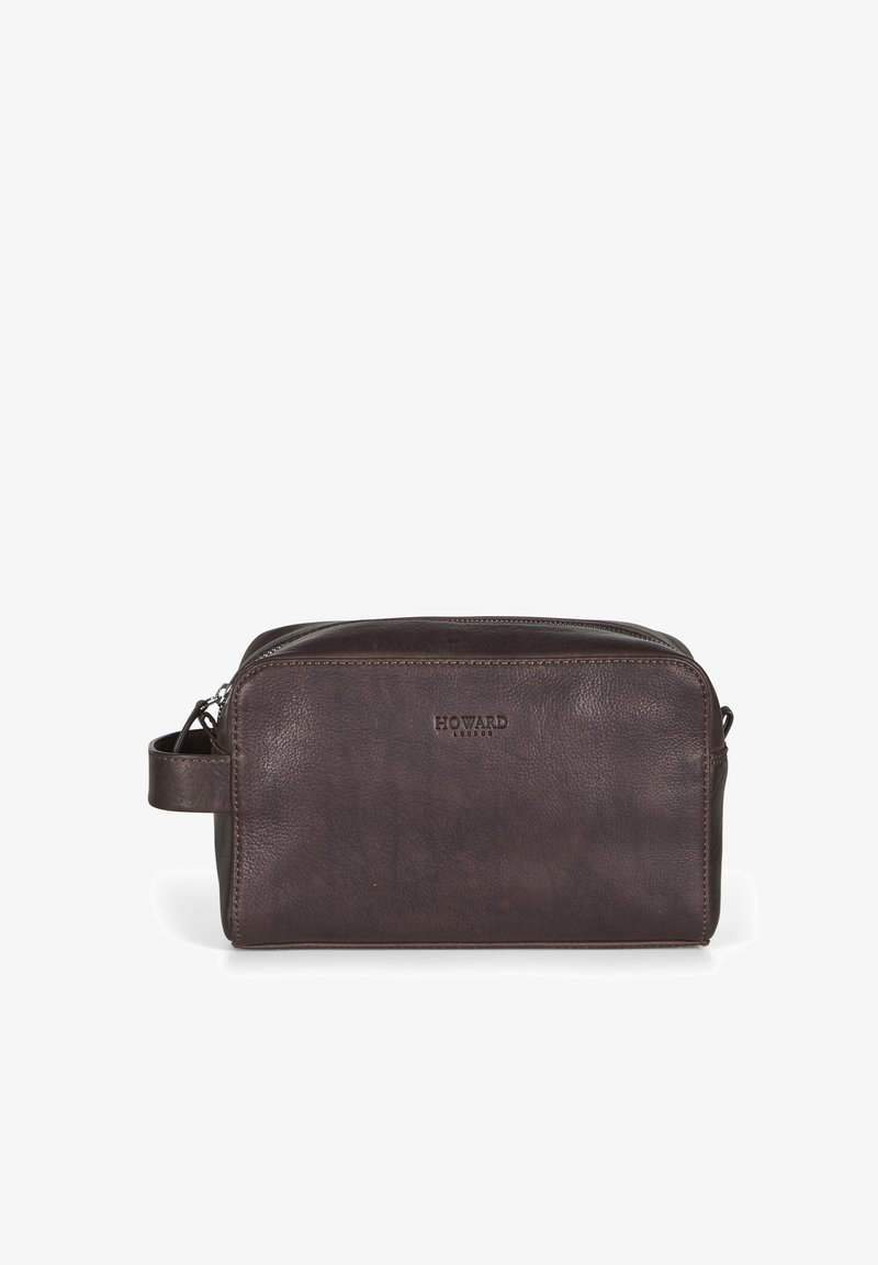 Pochette da toeletta in pelle marrone con chiusura zip, bordi arrotondati, manico laterale e logo "HOWARD LONDON" impresso sul fronte.