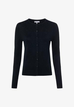Schwarzer Cardigan aus Strickstoff, mit rundem Ausschnitt, langen Ärmeln und einer vorderen Knopfleiste mit kleinen Verzierungen.