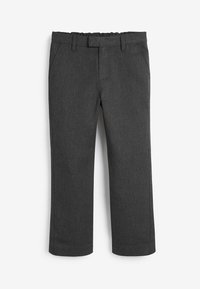 Pantalons gris en tissu doux, avec une coupe décontractée, des jambes droites et une taille élastique avec une ceinture. Comprend des poches latérales.