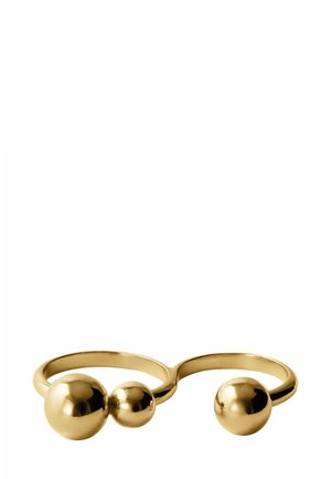 Anillo de doble bola de oro con un acabado liso y pulido, que cuenta con dos acentos esféricos en una banda delgada, creando un diseño abierto.