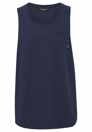 Canotta senza maniche di colore blu navy, realizzata in tessuto morbido, con una piccola tasca sul petto e un collo rotondo.