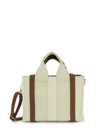 Kleine beigefarbene Canvas-Handtasche mit braunen Ledergriffen und vertikalen Riemen, ausgestattet mit einem abnehmbaren braunen Leder-Schulterriemen.