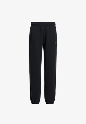 Sorte joggebukser laget av myk stoff med elastisk livbånd og mansjetter, med sidelommer og en minimalistisk logo-detalj.