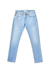 Jeans in denim azzurro chiaro con design a gamba dritta, cinque tasche e chiusura a bottone. Texture leggermente sbiadita con dettagli di cucitura minimi.