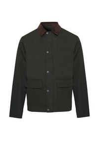 Veste vert foncé avec un col en velours côtelé marron, fermeture à boutons à l'avant, deux poches poitrine et une texture lisse. Design léger.