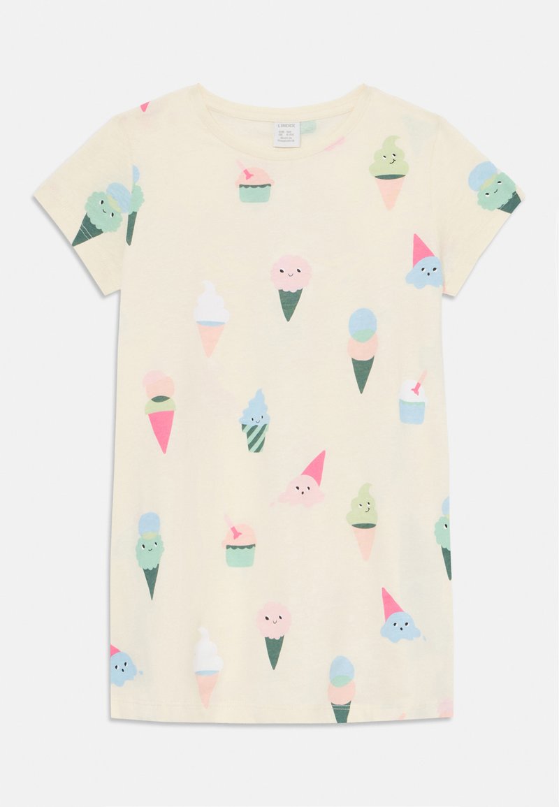 T-shirt à manches courtes jaune clair avec des motifs colorés de cônes de glace en rose, vert et bleu, fabriqué en coton doux.