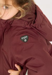 Bordeaux buitenjack met een capuchon, voorzien van een driehoekig logo patch. De stof heeft een gladde textuur met gerimpelde schoudernaden.