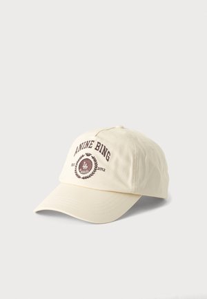 Casquette de baseball crème avec le texte "ANINE BING" et un motif de couronne de laurier brodé en marron foncé à l'avant.