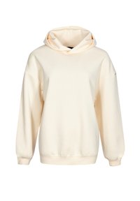 Crème-kleurige hoodie met lange mouwen en geribbelde manchetten en zoom, weergegeven op een witte achtergrond.
