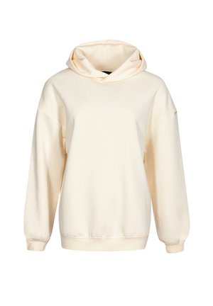 Cremefarvet hættetrøje med lange ærmer samt ribkant ved ærmer og bund, præsenteret på en hvid baggrund.