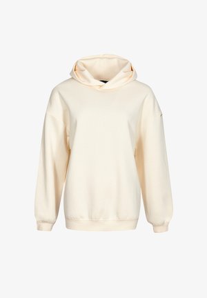 Cremefarvet hættetrøje med lange ærmer samt ribkant ved ærmer og bund, præsenteret på en hvid baggrund.