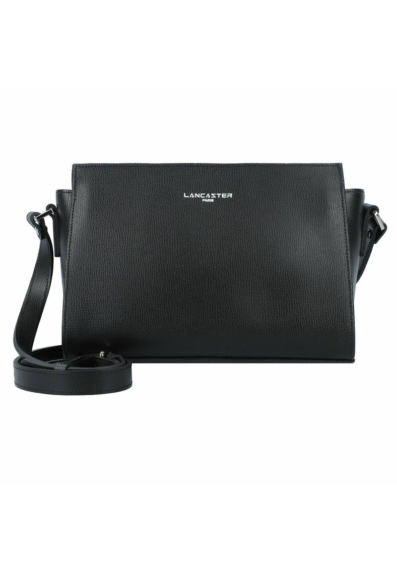Borsa a tracolla in pelle nera con finitura texture, forma rettangolare, tracolla regolabile e dettaglio in logo "Lancaster Paris" in argento.