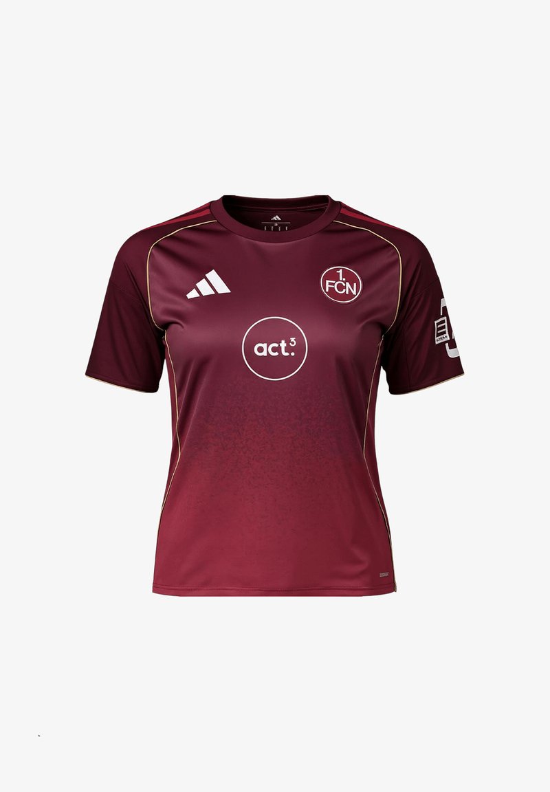 Dunkelrotes Sporttrikot mit kurzen Ärmeln, weißem Adidas-Logo, 1. FCN-Emblem, act.3 Sponsor-Logo und goldfarbenen Akzentlinien an Schultern und Seiten.