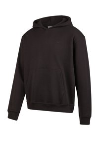 Black hoodie made of soft material, features a front pocket, ribbed cuffs, and an attached hood. Simple design with minimal branding.