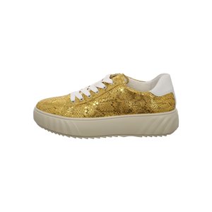 Low-top sneaker with gold textured upper, white laces, white heel tab, and thick white sole with ridged outsole.