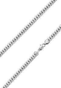 Sølvfarvet metal kæde halskæde med sammenkoblede led, der har en glat overflade og en hummerlås til lukning.