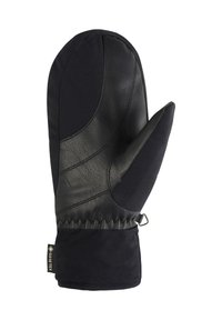 Schwarze isolierte Fäustlinge mit Lederhandfläche, strukturiertem Stoffkörper, ergonomischer Form und elastischem Bündchen mit Schlaufenbefestigung.