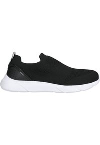 Schwarzer Slip-On-Sneaker mit einem atmungsaktiven Mesh-Obermaterial, strukturiertem Design und einer weißen Gummisohle. Verfügt über eine abgerundete Zehenpartie und einen gepolsterten Knöchelbereich.