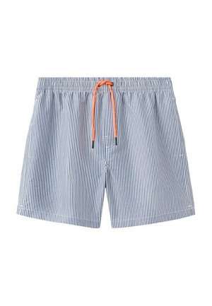 Modre in bele navpično črtaste kopalne hlače z elastičnim pasom in svetlo oranžnim trakom za zavezovanje spredaj.