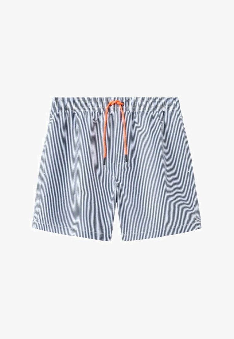 Short de bain rayé vertical bleu et blanc avec une taille élastique et un cordon de serrage orange vif à l'avant.
