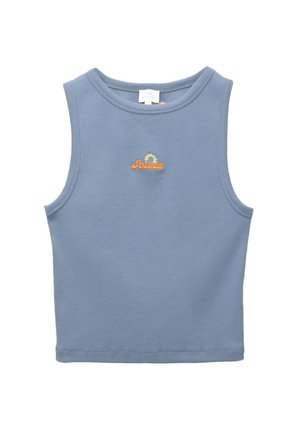 Top light blue fără mâneci, confecționat din bumbac, cu textură ribbed. Text brodat în centrul, de culoare portocalie, "Salete" cu un grafic al unui soare deasupra.