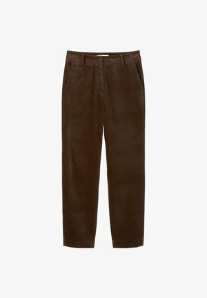 Brown corduroy trousers with a soft texture, featuring two front pockets, a straight leg design, and a smooth waistband.