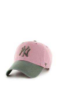 Pink cotton baseball cap with a green brim, featuring a raised olive green embroidered "NY" logo and textured brim. Adjustable back strap.