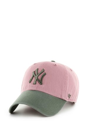 Pink cotton baseball cap with a green brim, featuring a raised olive green embroidered "NY" logo and textured brim. Adjustable back strap.