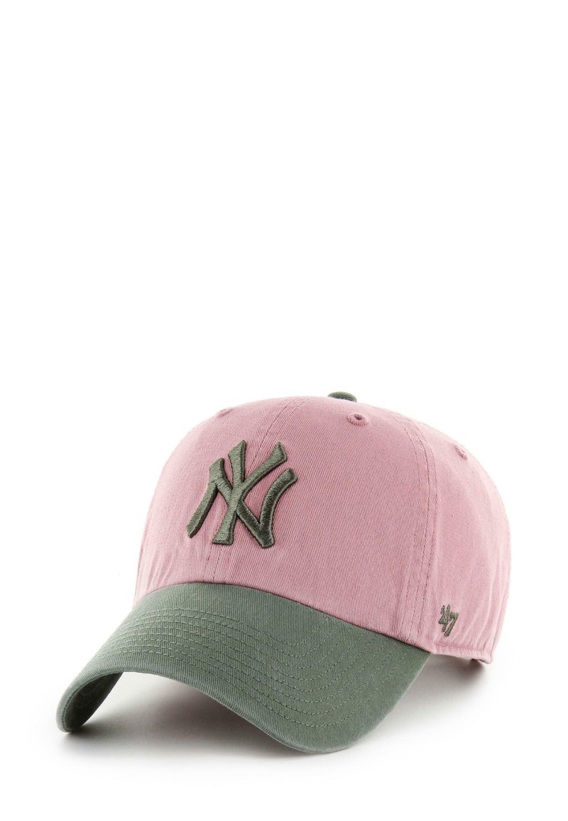 Pink cotton baseball cap with a green brim, featuring a raised olive green embroidered "NY" logo and textured brim. Adjustable back strap.