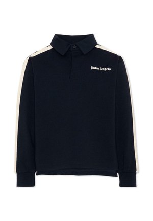 Czarna koszulka polo z długim rękawem, z białymi paskami na ramionach i rękawach, z logo Palm Angels w białym kolorze na lewej piersi.