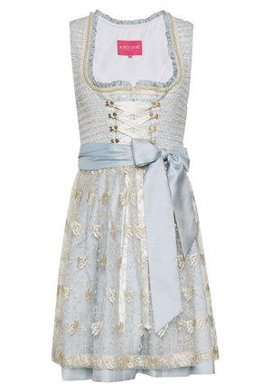 Lyseblå og hvid dirndl-kjole med snøring foran, gyldent blomsterbroderi og en stor matchende bånd i taljen.