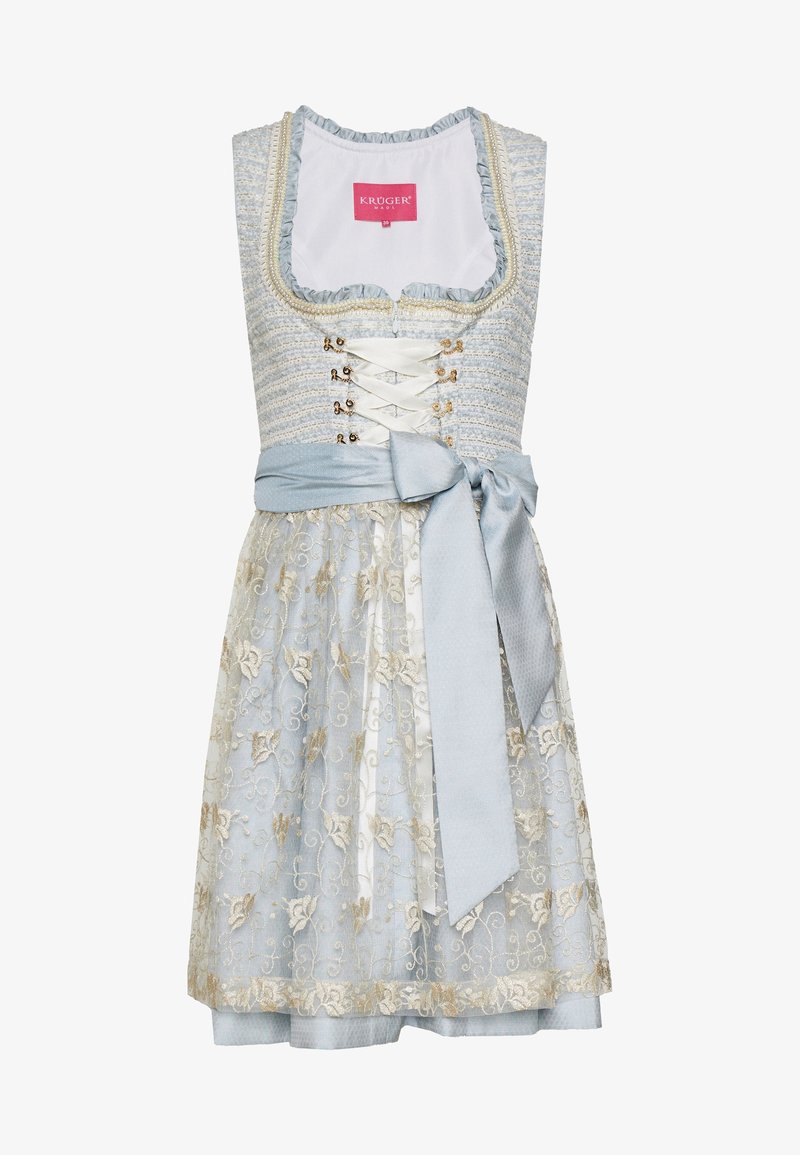 Robe dirndl bleu clair et blanc avec laçage sur le devant, broderie florale dorée et grand nœud assorti à la taille.