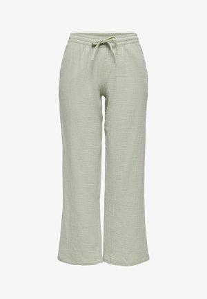 Svetlo zelene široke hlače z elastičnim pasom in nastavljivo vrvico, izdelane iz teksturirane lahke tkanine.