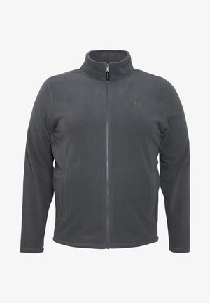 Graue Fleecejacke mit hohem Kragen, durchgehendem Reißverschluss und zwei Seitentaschen. Weiche Textur, schnörkelloses Design, keine sichtbaren Muster.