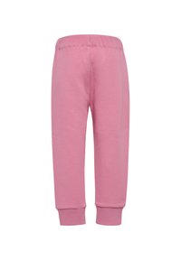 Roze katoenen joggerbroeken met een elastische tailleband en ribgebreide boorden; gladde textuur en eenvoudig ontwerp. Achteraanzicht getoond.