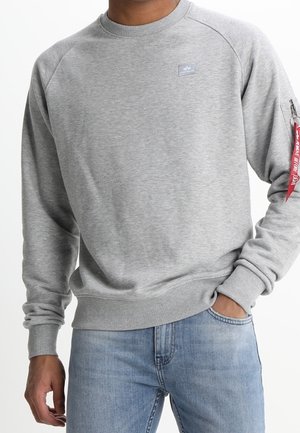 Grau Crewneck-Sweatshirt aus weichem Material, mit Raglanärmeln und einer Reißverschluss-Tasche mit einem roten Akzent-Tag.