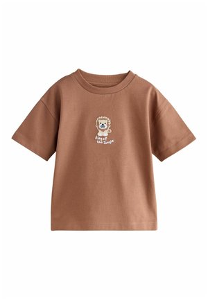 Brown short-sleeve toddler T-shirt with a small embroidered lion and the text "king of the jungle" on the chest.