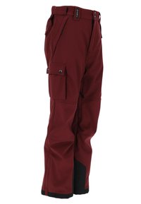 Bordeauxfarvede cargobukser med sort bundkant, lynlåslommer med knapper og justerbar talje, lavet af holdbart og fleksibelt stof.