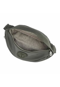 Borsa a busta in nylon grigio con forma arrotondata, dotata di chiusura con zip, logo impresso e rivestimento interno decorato.