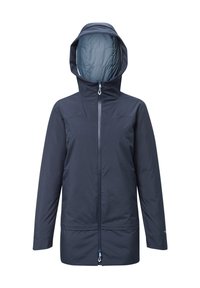 Veste imperméable bleu marine foncé avec fermeture éclair à l'avant et capuche. Présente une texture extérieure lisse et une doublure intérieure contrastante. Idéale pour une utilisation en extérieur.