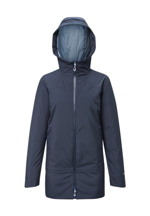 Veste imperméable bleu marine foncé avec fermeture éclair à l'avant et capuche. Présente une texture extérieure lisse et une doublure intérieure contrastante. Idéale pour une utilisation en extérieur.