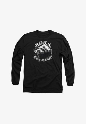 Schwarzes Langarmshirt mit einem Grafikdruck des Gesichts eines fiktiven Wesens und dem Text "R.O.U.S. Sie existieren!" in Weiß.