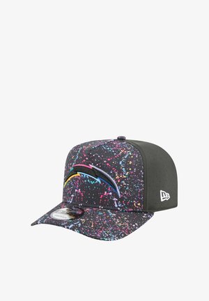 Black cap with vibrant splatter pattern in pink, blue, and yellow. Features a raised logo on the front and a flat brim. Textured side panel.