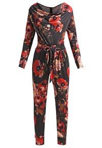 Jumpsuit floreale con maniche lunghe, collo a barchetta e vita elasticizzata. Presenta uno sfondo nero con motivi di fiori rossi e rosa. Tessuto morbido.