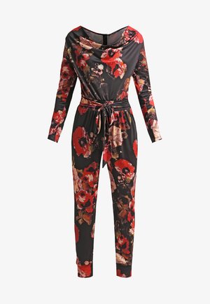 Jumpsuit floreale con maniche lunghe, collo a barchetta e vita elasticizzata. Presenta uno sfondo nero con motivi di fiori rossi e rosa. Tessuto morbido.