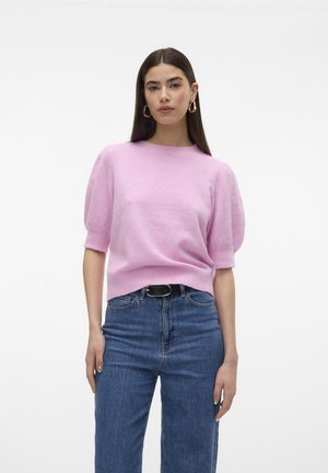Short-sleeve, pink knit sweater with a crew neck and puff sleeves, paired with high-waisted blue denim jeans. Smooth texture, relaxed fit.