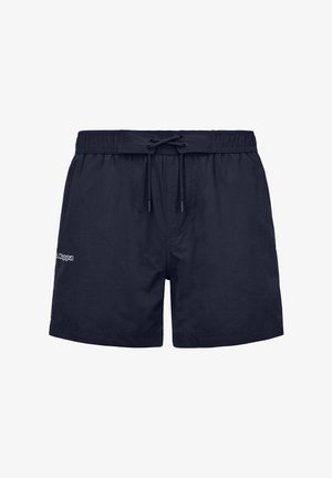 Shorts de bain bleu marine avec taille élastique et cordon de serrage, petit logo blanc "Kappa" sur la jambe gauche, longueur au-dessus du genou.