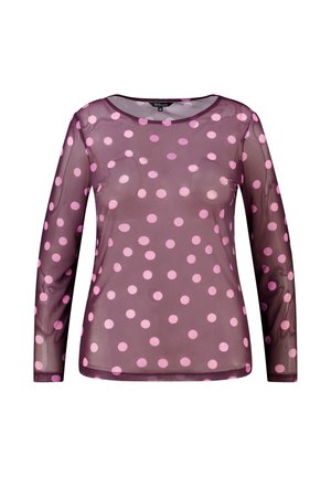 Doorzichtige paarse top met lange mouwen en roze stippen, ronde hals, maat medium, lichtgewicht en doorschijnende stof.