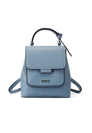 Zaino in pelle blu con pattina, chiusura frontale e spallacci regolabili. Presenta una texture liscia e bordi scuri a contrasto.